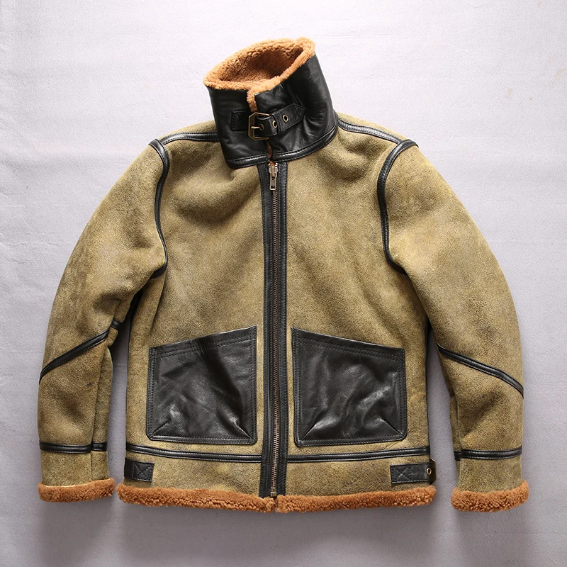 Новинка 2020 Мужская летная куртка из овчины модная кожаная с карманами и