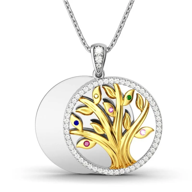 

New Popular Geometric Round Tree of Life Hollow Carved Multicolor Pendant Women Romantic Banquet Necklace Charm Jewelry Gift