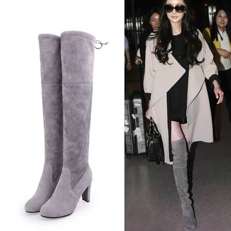 

2022 Winter Concise Over The Knee Women Boots Stretch Flock High Heels Party Shoes Round Toe Lace-Up Woman Long Boots Size 34-43