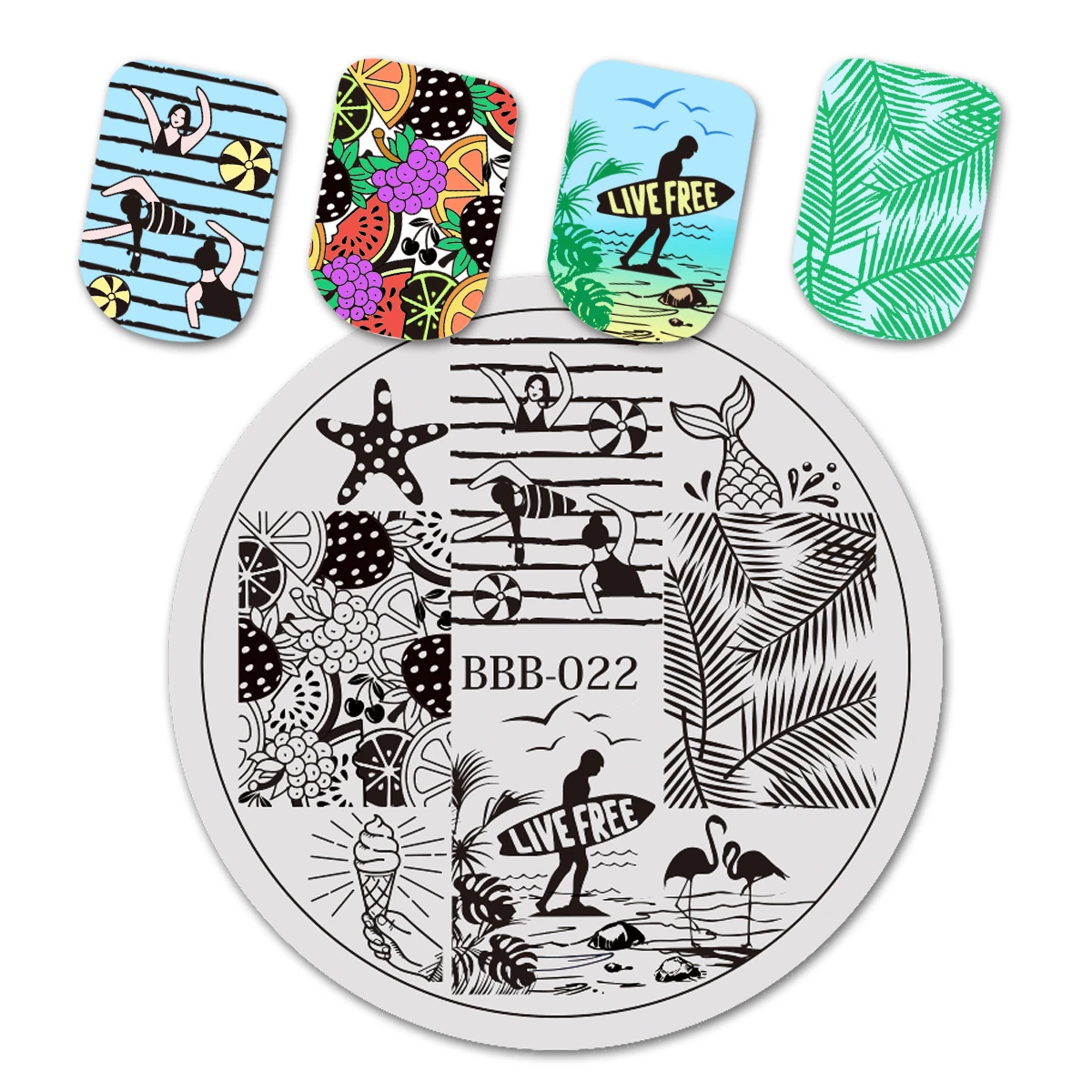 

BeautyBigBang Round Summer Fruit Beach Swimming Pattern Nail Art Stamping Plates Manicure DIY Nail Art Steel Plate