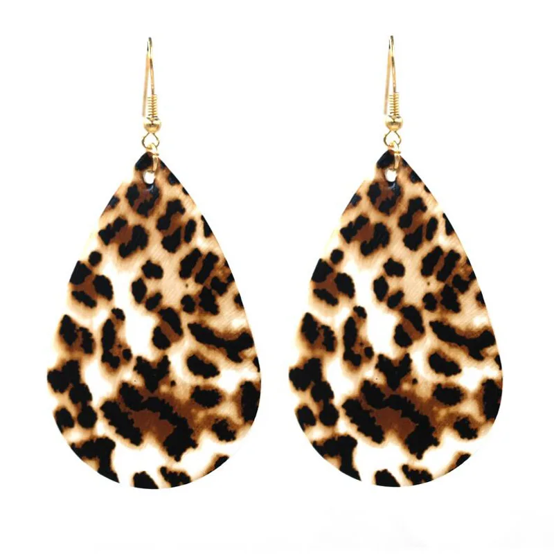 

2019 Hot Selling Classic Leopard Print Pu Leather Big Water Drop Earrings Bohemia Statement Big TearDrop Pu Leather Earrings