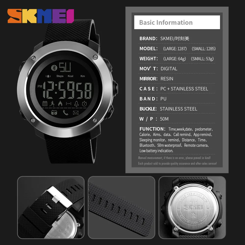 

SKMEI Bluetooth-compatible Waterproof men electronic Smart Watch Wristwatch Pedometer Sleep monitor Calendar Sports Watches 1287