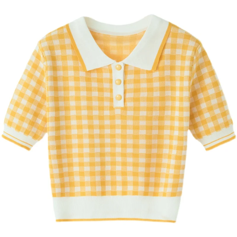 Летние вязаные футболки с коротким рукавом милые клетчатые эластичные