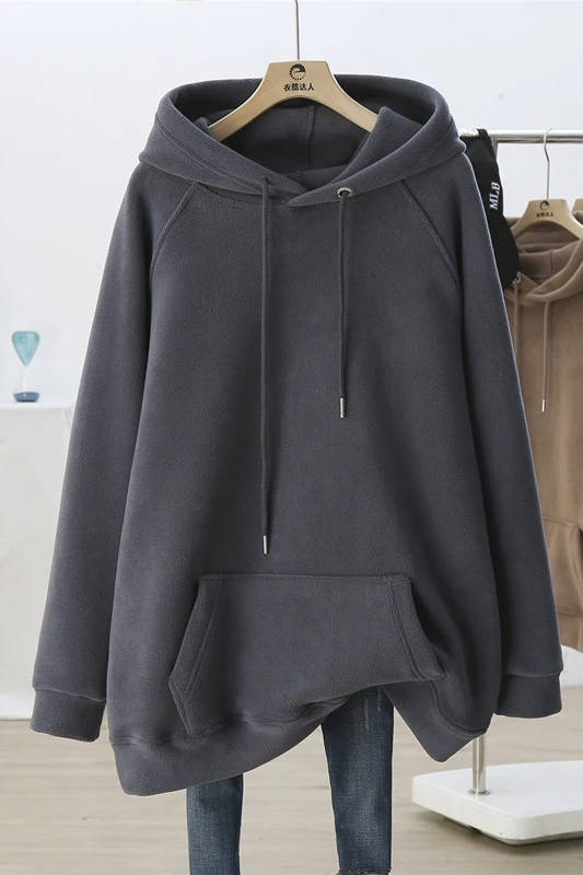 

Medium-long Thick Wool Liner Female Pullovers Sweatshirts 2021 New Autumn Winter Warm Hooded Jackets Pure Color Hoodies Top