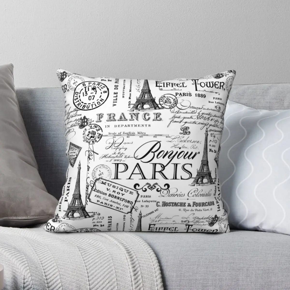 Винтажный черный и белый квадратный чехол для подушки в Париже полиэстеровый