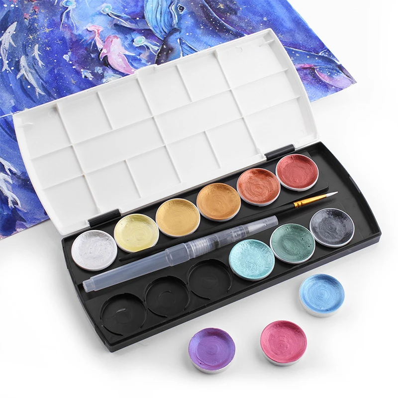 12Colors Solid Metallic Watercolor Paints Set Portable Pearlescent Water Color Pigment Metal Palett Art Supplies