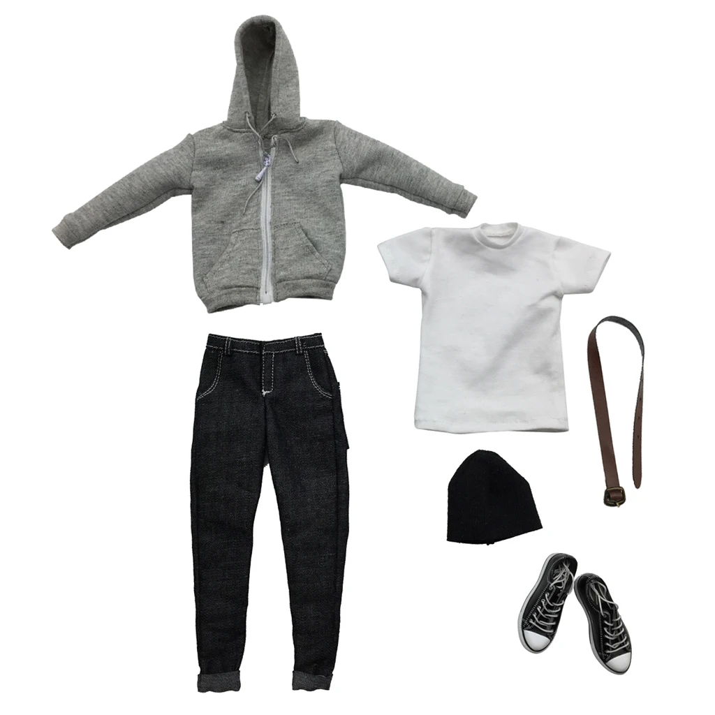 

1:6 Gray Zip Up Hoodie Jeans Clothes Set Shoes For 12'' Kumik Action