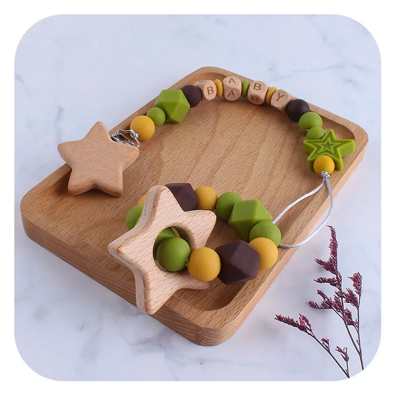 

Детский Персонализированный Набор погремушек, милая звезда, зажим для соски, детский прорезыватель, деревянный зажим для соски, держатель, ...