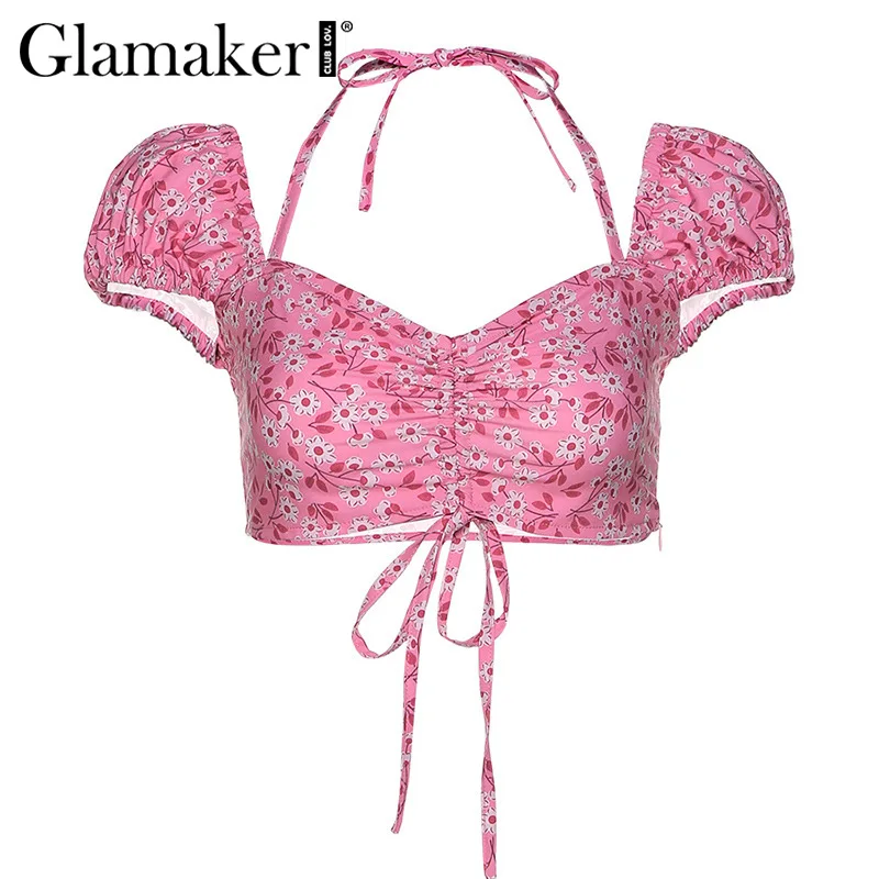 Женский укороченный топ с цветочным принтом Glamaker розовый винтажный на