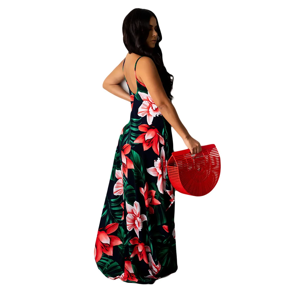 

SSEURAT Women Long Dress Print Spaghetti Strap Pocekts Loose Floor Length Dresses Beach Fashion Sexy Midi Maxi Dress Summer