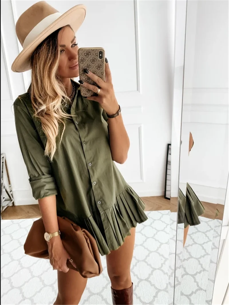 

Autumn Long Sleeve White Pleated Shirt Dress 2020 Women Casual Turn Down Collar Mini Dress Button Lady A Line Office Vestidos