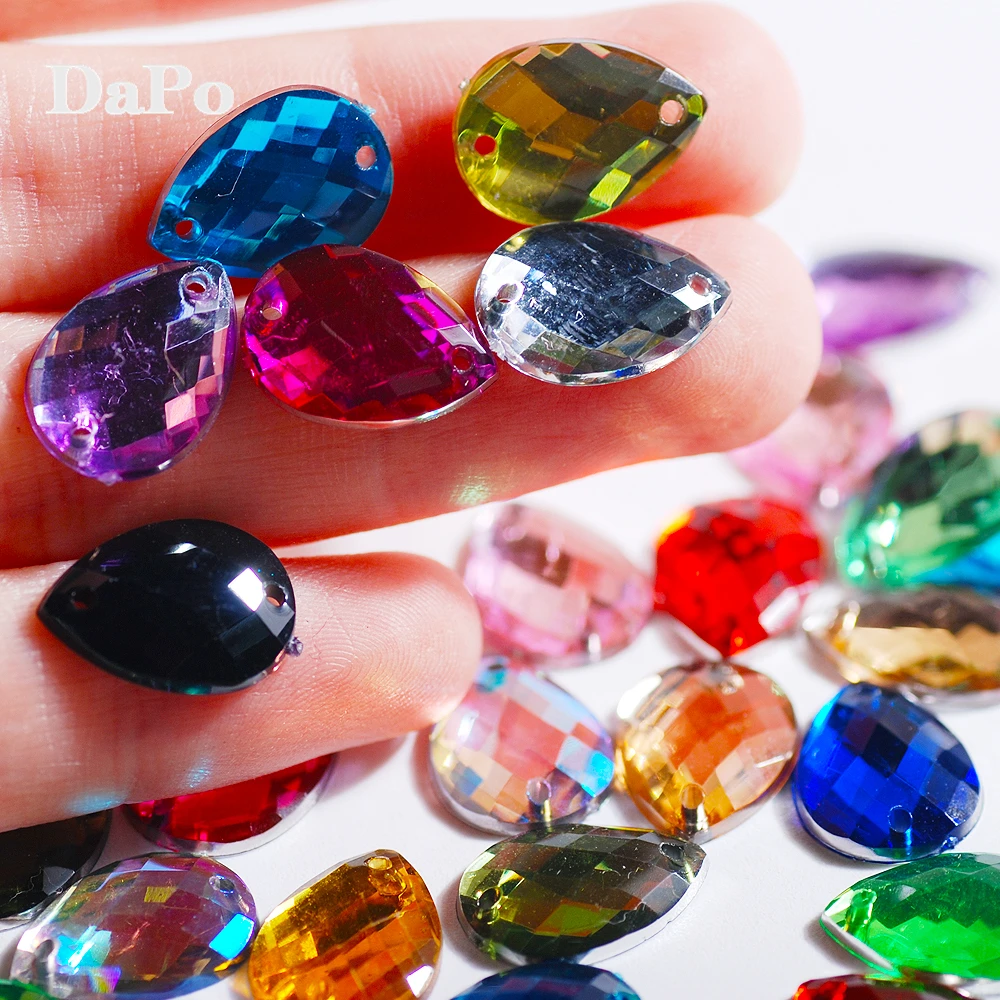 100pcs 10x14mm Teardrop Acrylic Sewing Rhinestones Flatback Two Holes Clear AB color Jewelry Dress DIY Gemstone | Дом и сад