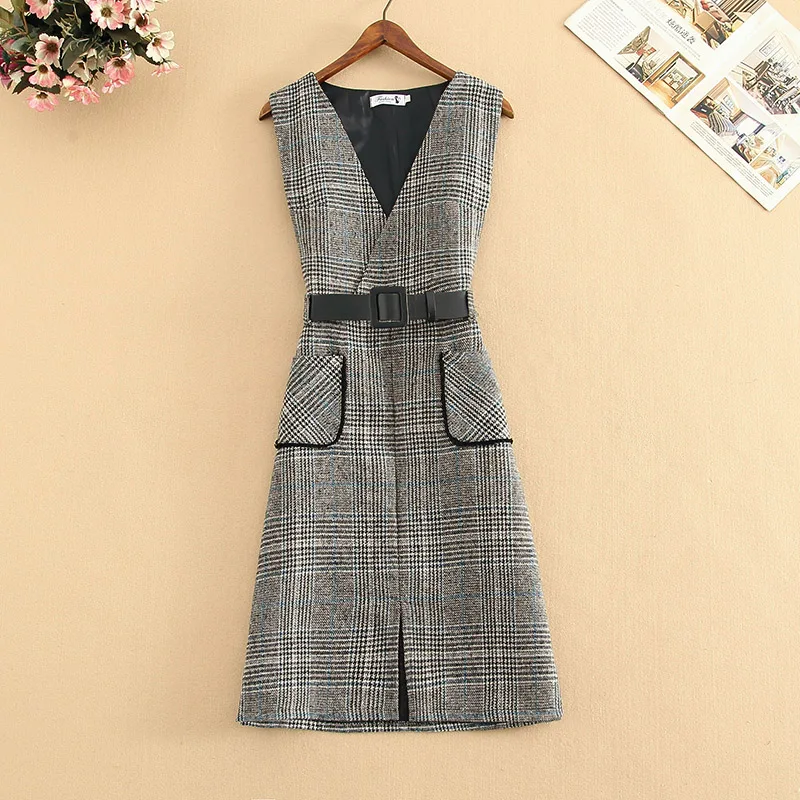 

Autumn Winter Women Lace Patchwork Tweed Dress Sleeveless Belt V-Neck Plaid Classic Elegant Casual Pockets Empire Midi Dress New
