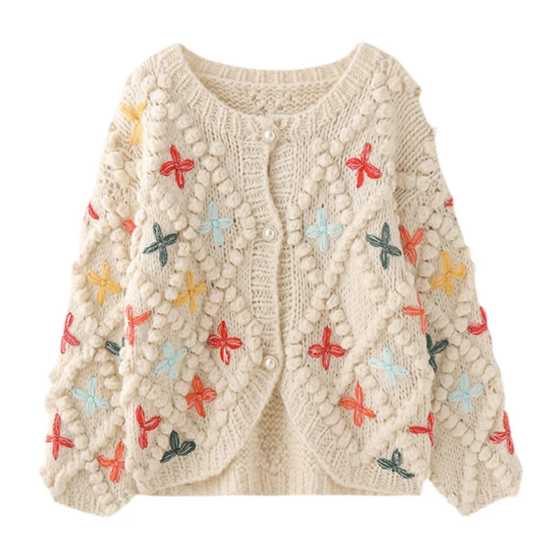 

Women Vintage Sweater Cardigan Chic Floral Embroidery Colour Casual Fashion Sweet Mori Girl Thickened Loose Female Knitwear Coat