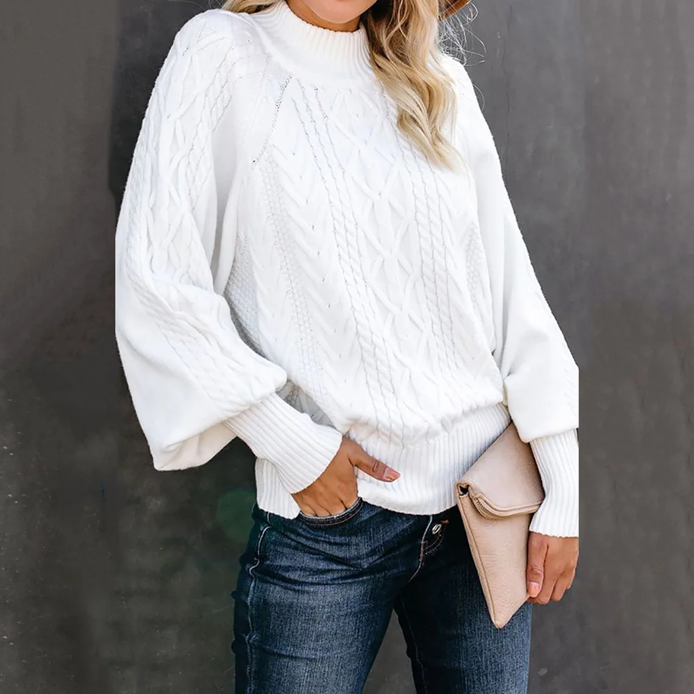 

Winter White Turtleneck Women Sweaters Loose Oversized Lantern Sleeve Pullover Streetwear Casual Cozy Wide Jumpers Femme Tops