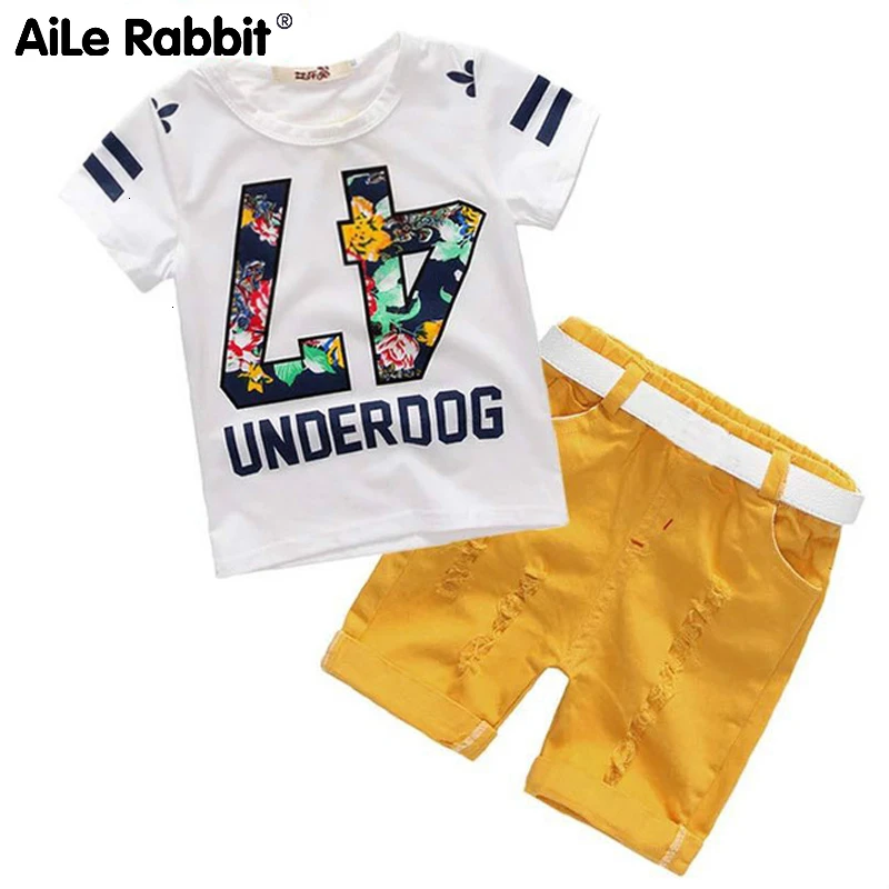 

Boy Summer Set Short Sleeve T-Shirt Denim Shorts 2 Piece Set Cotton Number 47 Letter Casual Fashion Kids Set