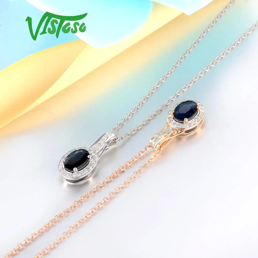 VISTOSO, Золотая подвеска для женщин, настоящая 14 к, 585 розовое золото, сверкающие алмазы, синий сапфир, тонкое ожерелье, подвеска, хорошее ювелирное изделие