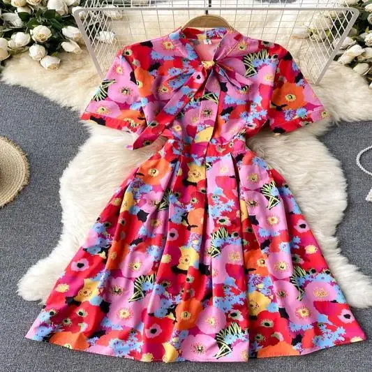 

Women's Floral Single Breasted Shirt Dress Summer Elegant Turn Down Collar Midi Long Dress Ladies Streetwear Office Vestidos