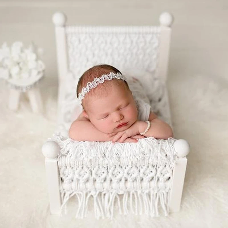 

Newborn Posing Mini Bed Baby Photo Shooting Props Cotton Rope Weave Wooden Crib Infant Photograph Accessory