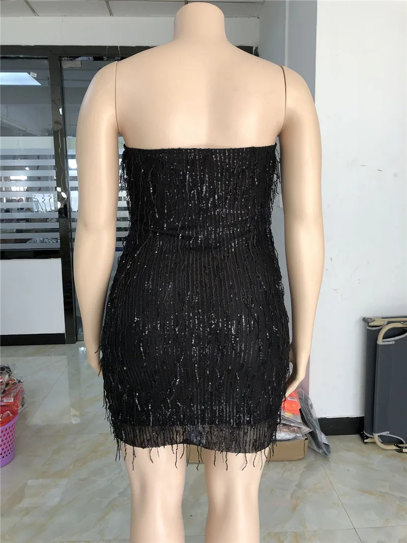 Adogirl Plus Size XL-5XL Women Tassel Sequins Strapless Mini Dress | Женская одежда