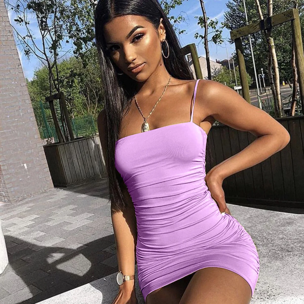 

New Slim Sling Bag Hip Dress Women Sexy Solid Color Backless Sleevelss Pleated Dress 2021 Female Night Club Bodycon Dresses