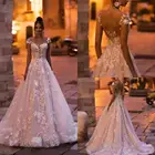 Женское свадебное платье с открытой спиной, кружевное винтажное платье принцессы с цветочной аппликацией, расшитое бисером, со шлейфом, трапециевидного силуэта, 2021