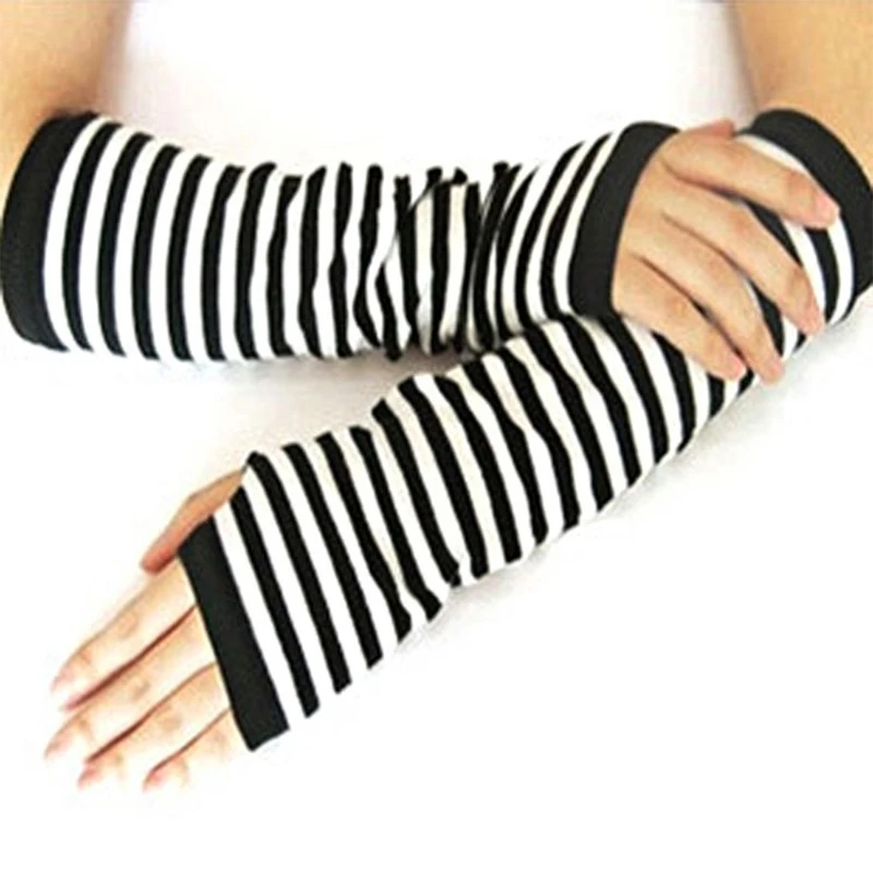 

Women Winter Warm Cable Knitted Long Fingerless Gloves Chunky Crochet Striped Color Arm Warmers Thumbhole Mittens