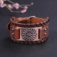 likgreat wide leather cuff bracelet gothic slavic wheel sigil of enochian charm bracelet male amulet vintage wicca men jewelry