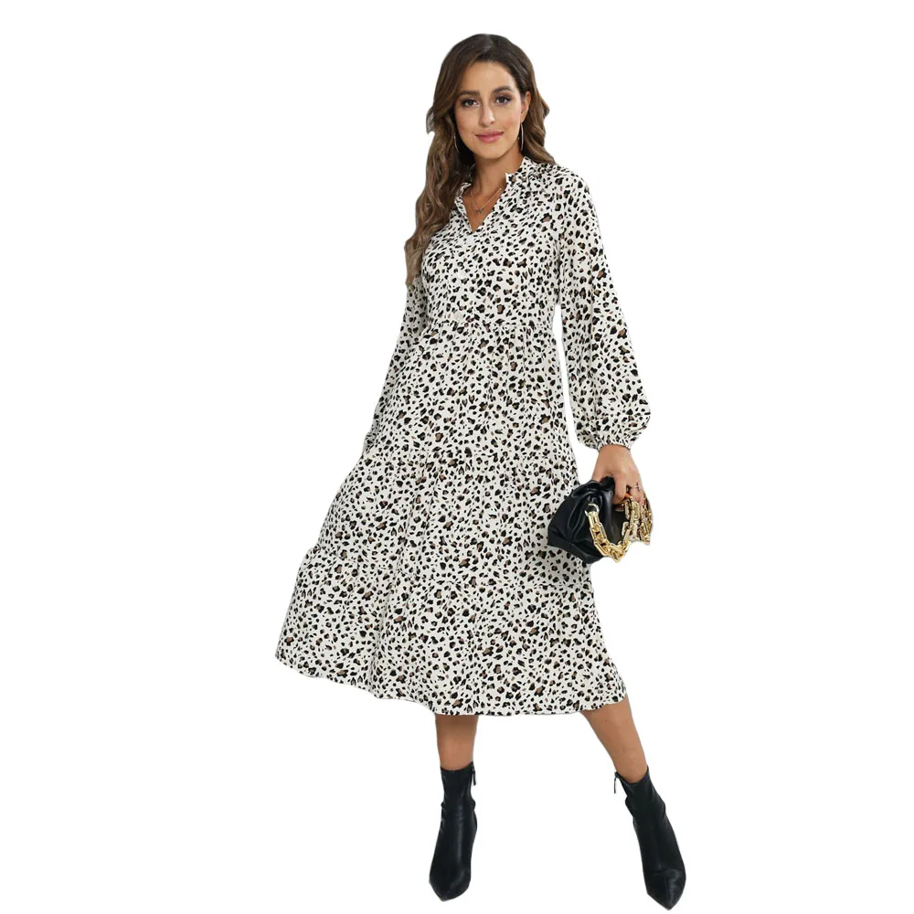 

Women New Dresses Fashion Leopard Print Loose V-neck Buttons Ladies Dress 2022 Mid-length Long Sleeve Dress 4 Colors 4 Sizes