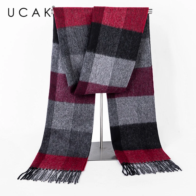 UCAK Brand Autumn Winter Warm Scarfs Soft Men Women Casual Plaid Pure Wool Scarf Shawl Wrap Knit Long Striped With Tassel A16