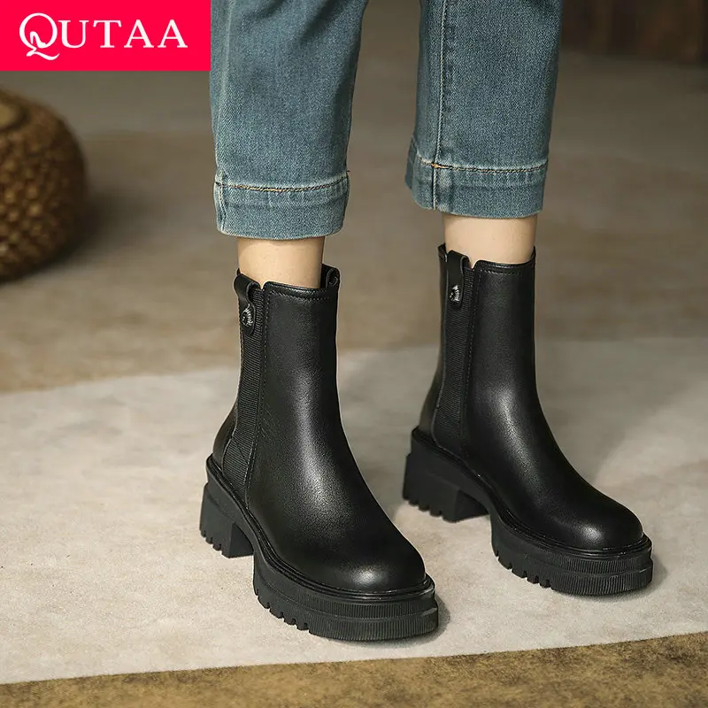 

QUTAA 2022 Ankle Boots Autumn Winter Round Toe Chelsea Boots Short Boots Cow Leather Square Heel Women Shoes Size 34-39