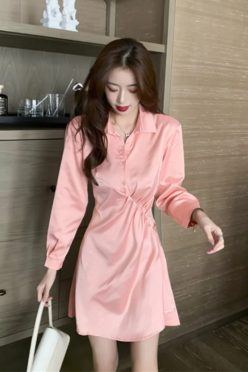 

Net red women's 2021 spring new temperament French design pleated waist slim shirt dress tide