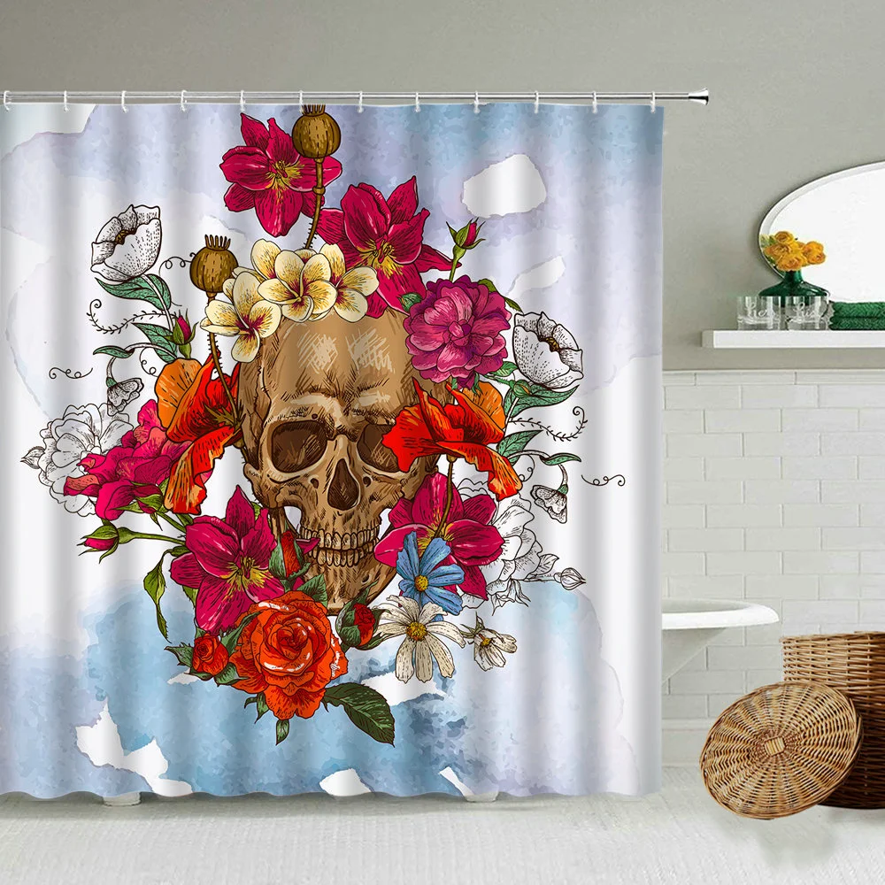 

Skull Shower Curtain Colorful Floral Mexican Style Design Bathroom Waterproof Polyester Screen Home Decoration With Hook Set
