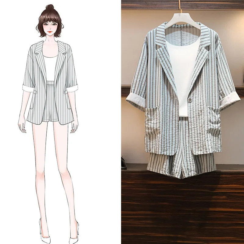Летний полосатый комплект из трех предметов женский жилет размера плюс + куртка