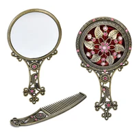 2pcsset women chic retro vintage pocket mirror compact makeup mirrors comb set hand make up bronze hollowed out make up