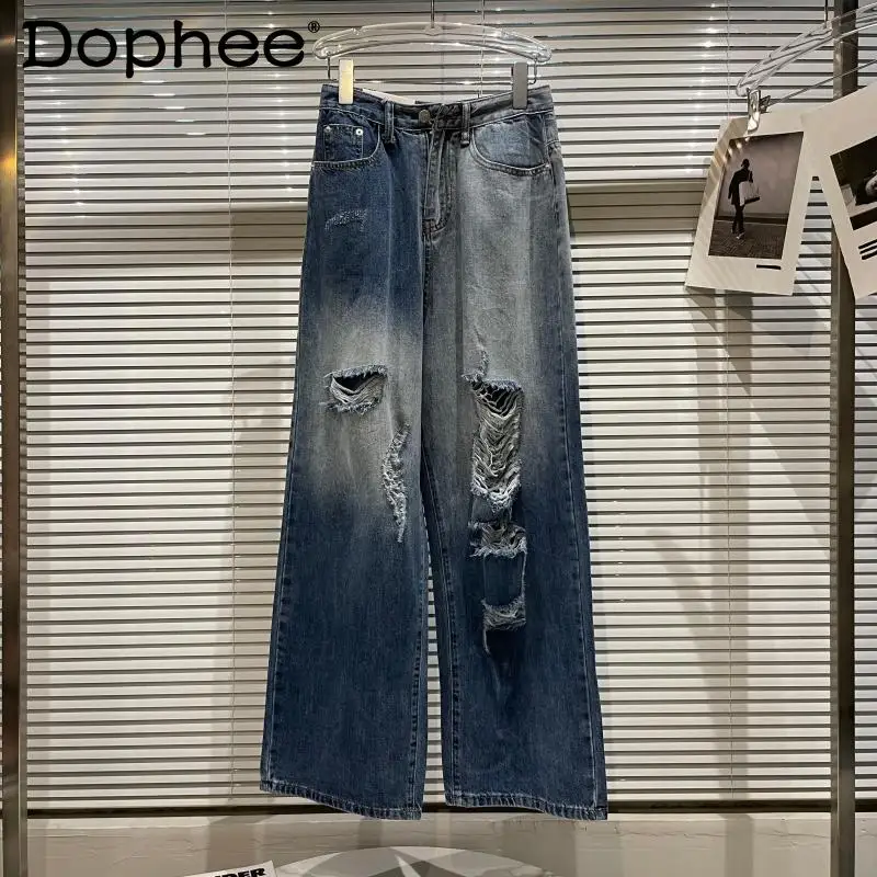 

Рваные джинсы для женщин, Новинка осени 2021, нестандартные потертые Волшебные широкие брюки из денима, Свободные повседневные брюки большог...