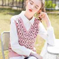 argyle sweater vest women sweet pink cottagecore v neck sleeveless knit sweaters vests 2021 new fashion spring autumn streetwear
