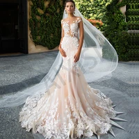 stylish wedding dresses mermaid illusion o neck bride vestido lace appliques short sleeve open back luxury robe de mariee