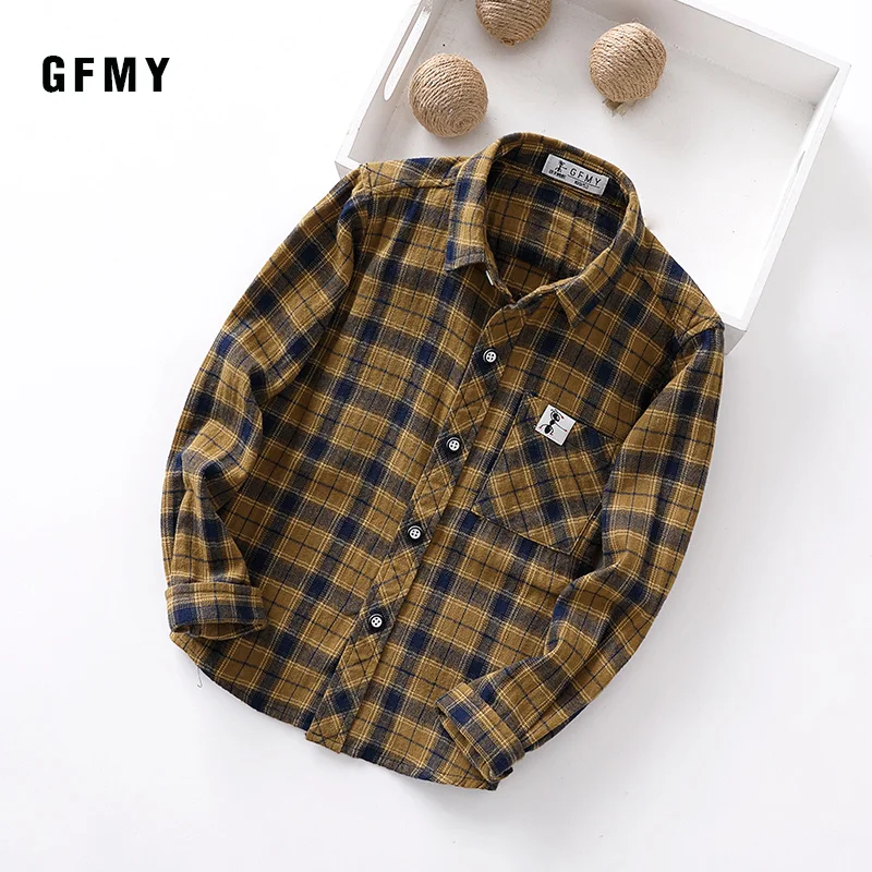GFMY 2020 Весна 100% хлопок длинный рукав мода Хаки Желтый Детская рубашка в клетку От 3