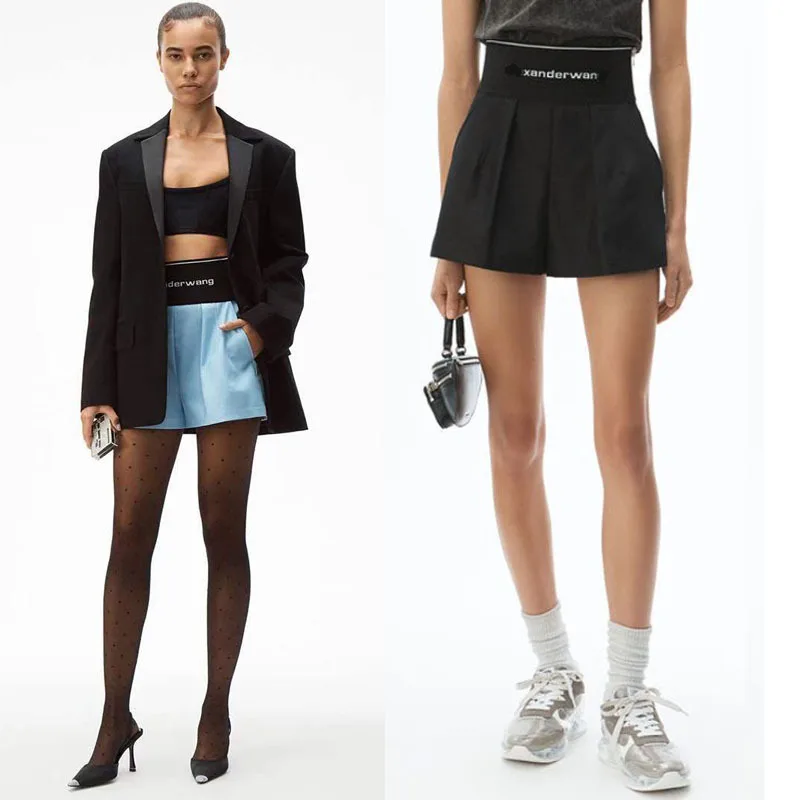 

New 1:1 High Quality Wang Versatile High Waist Letter Black Shorts Aw Casual Shorts Women's Fashion Brand Shorts Joggers Women