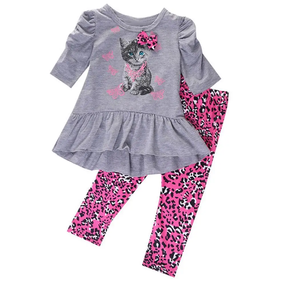 

2Pcs Kid Girl Autumn Puff Sleeve Kitten Pattern T-shirt Tops Dress Leopard Pant