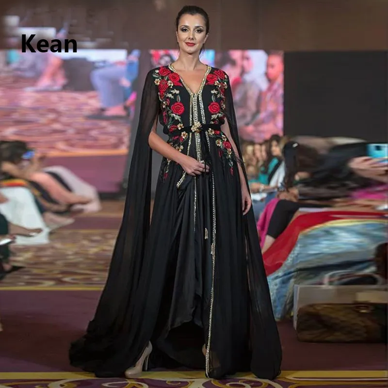 

Black Muslim Evening Dress Full Sleeve Gold Applique Chiffon Vintage Islamic Dubai Kaftan Saudi Arabic Evening Gown Prom Dress