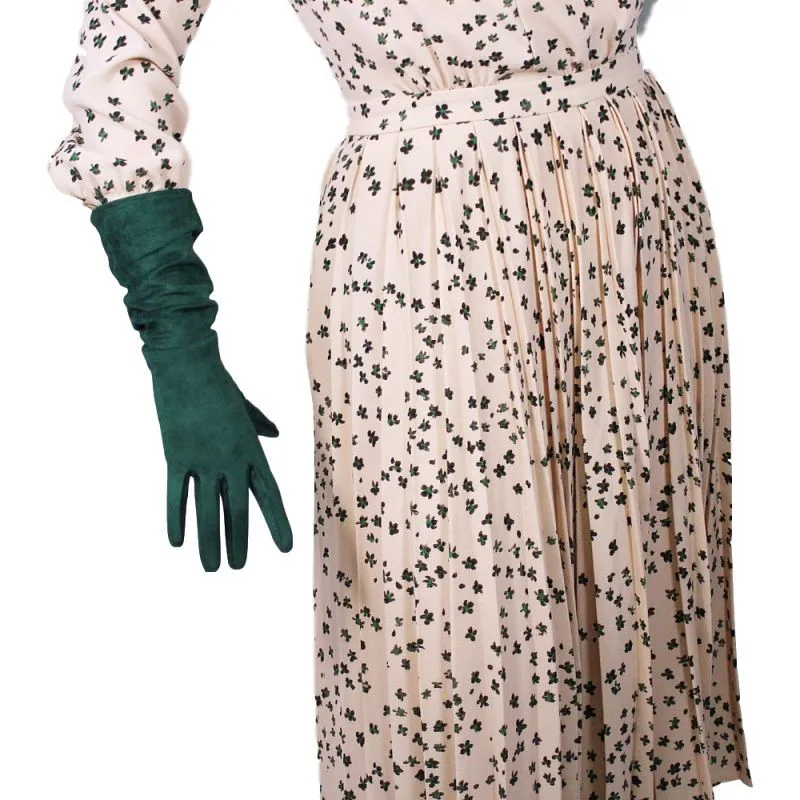 Suede Extra Long Gloves 60cm Emulation Leather Over Elbow Matte Scrub Forest Green Dark Female WJP22 | Аксессуары для одежды