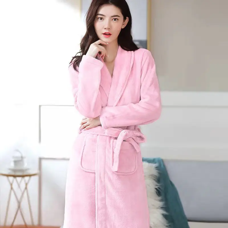 Women Winter Robes Solid Flannel Plus Velvet Lace-up Bathrobes Casual Simple Kimono Long Sleeve Warm Sleepwear Lounge Home Wear | Женская