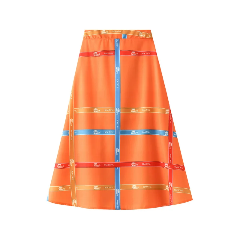 

Plaid Skirt 2021 Summer Korean New High Waist Slim Simple Orange Casual Loose Temperament Women A-line Long Skirt Free Shipping