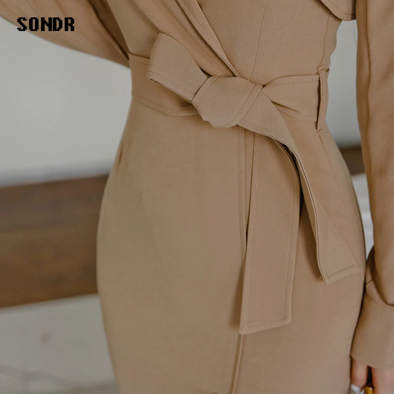 

Korean One-Piece Women'S Dress 2020 Autumn Clothes OL Mature Style Long-Sleeved V-Neck Slim Bag Hip Dress Solid Mid-Length Dress