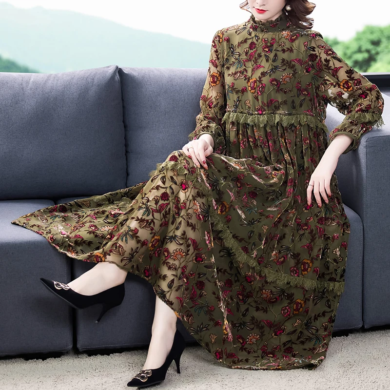 

ZUOMAN Korean Clothing 2021 Autumn New Velvet Jacquard Loose Large Size Burnt Flower Long Dress Printed Fashion Spliced Robe