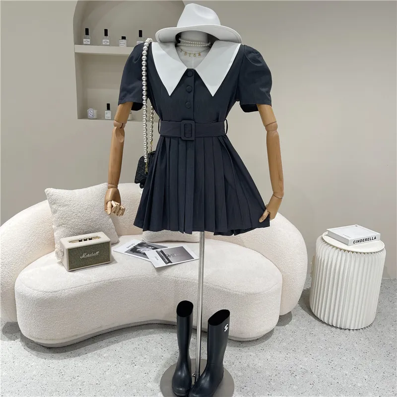 

Women's Spring Summer 2021 Fashion Color matching Lapel button belt bubble sleeve dress