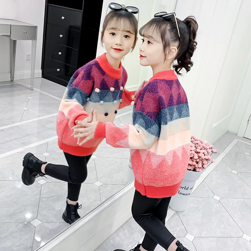 

Girls Sweater Baby's Coat Outwear 2021 Vintage Thicken Warm Winter Autumn Knitting Scoop Jacket Formal School Children's Clothin