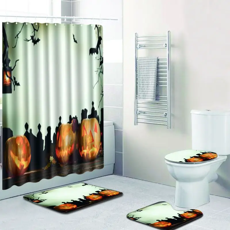 Zeegle Halloween Bath Mat Set with Shower Curtain Absorbent Toilet Pedestal Rug Foot Anti Slip Bathroom Doormat | Дом и сад